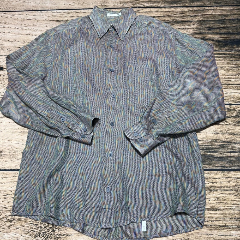 Jhane Barnes Button Down Shirt Men Small Multicolor Wavy Geometric Japan Fabric